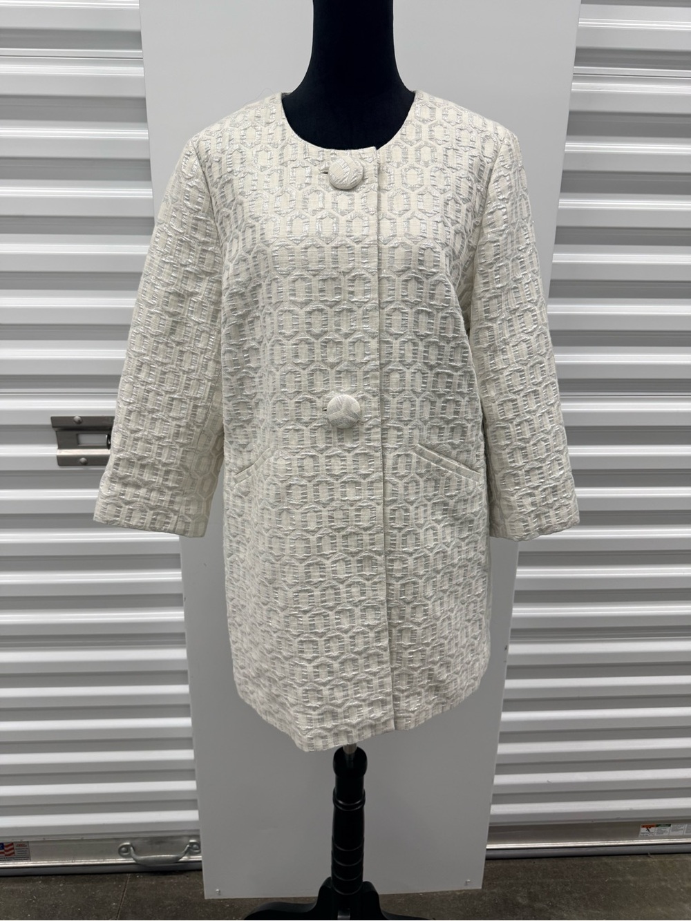 Cream Textured Women's Coat with Covered Buttons